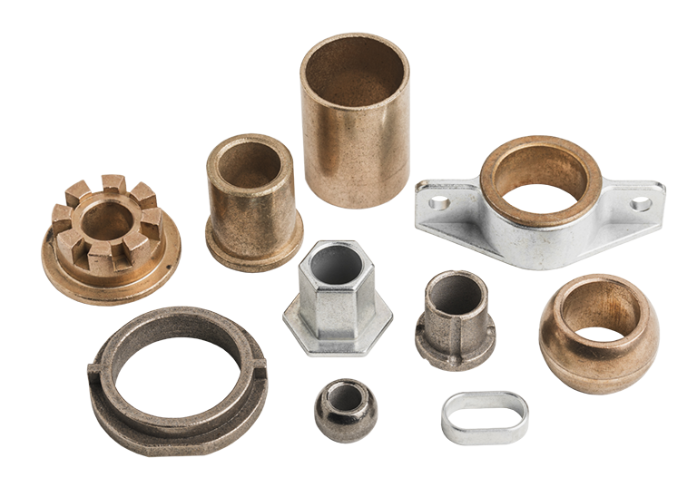 Bronze and iron powder metal parts collection, including bearings, bushing and spacers.