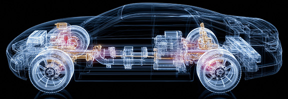 Diagram of an electric vehicle, with chassis, wheels, enginer and battery highlighted.