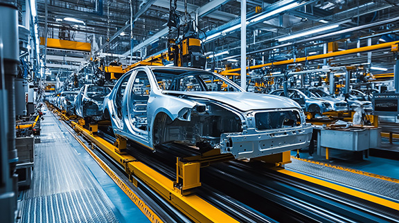 Automobiles manufactured on an assembly line.
