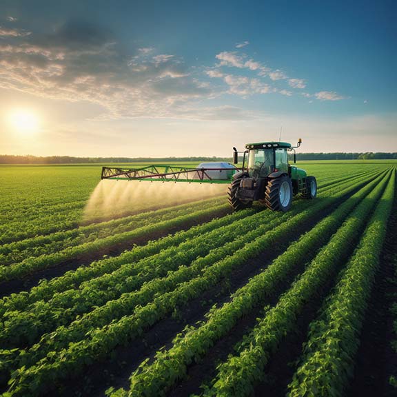 A green tractor is spraying clean, straight green rows of early corn as the sun begins to rise.