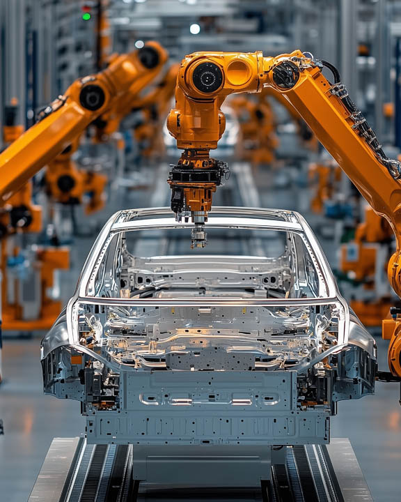 Inside an automotive assembly line, looking at robotic equipment welding a sedan.