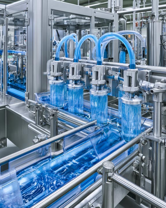 Fluid processing equipment inside a manufacturing facility.