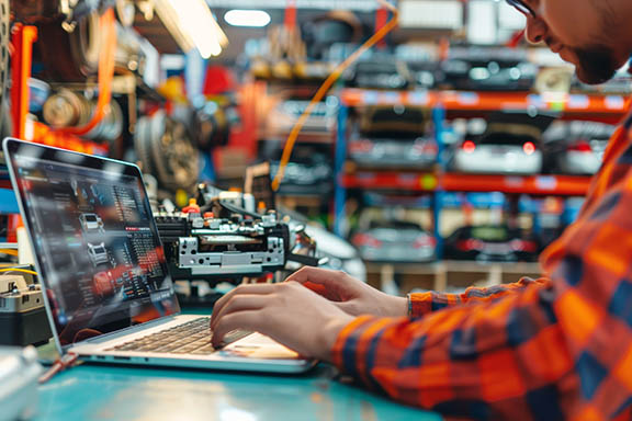 A mechanic sits at his laptop, examining a part, and looking for it online.