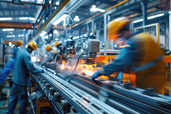 Assembly line employees work along a manufacturing assembly line with parts rapidly go by.
